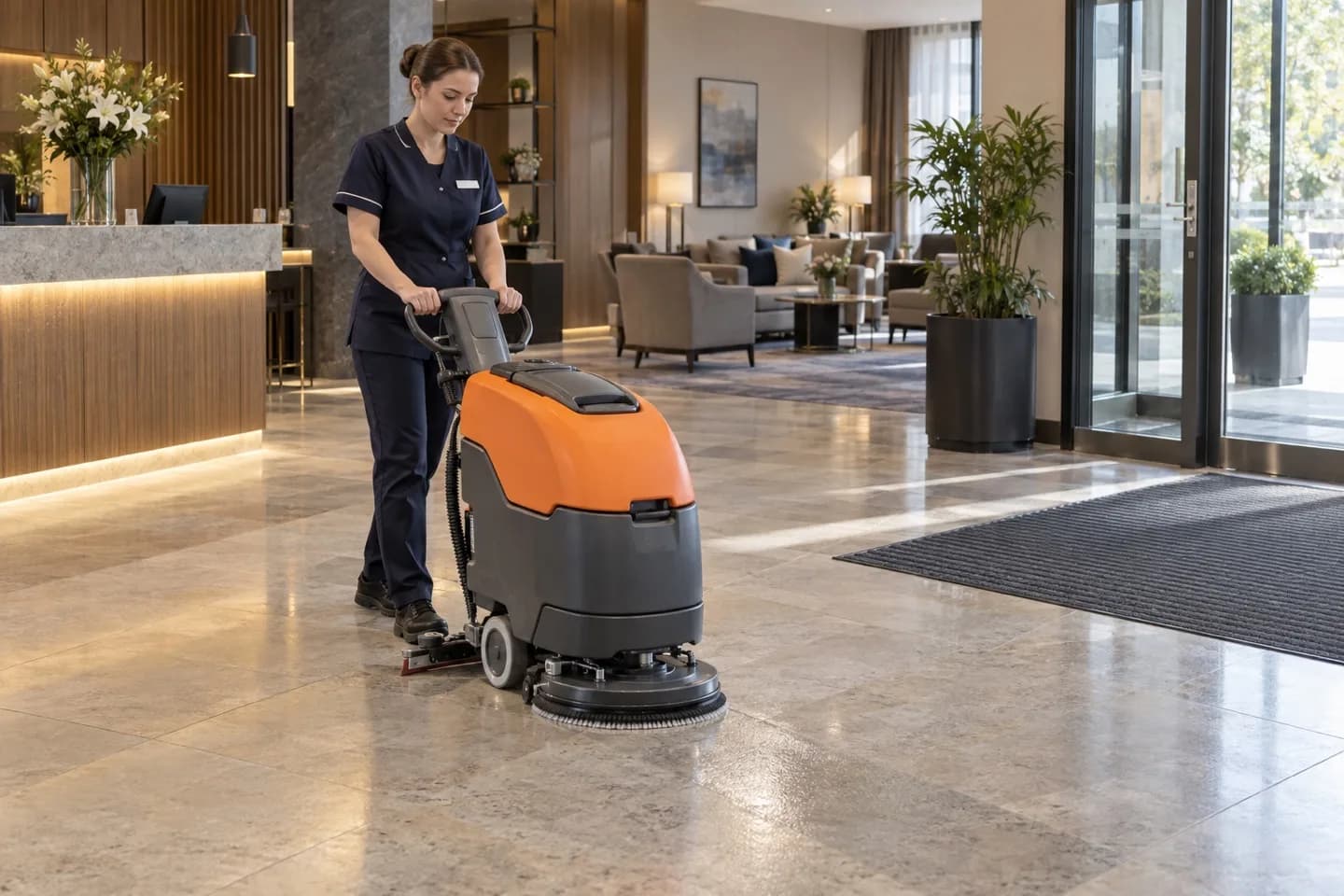 Szorowarka w hotelowym lobby — ilustracja wygenerowana AI